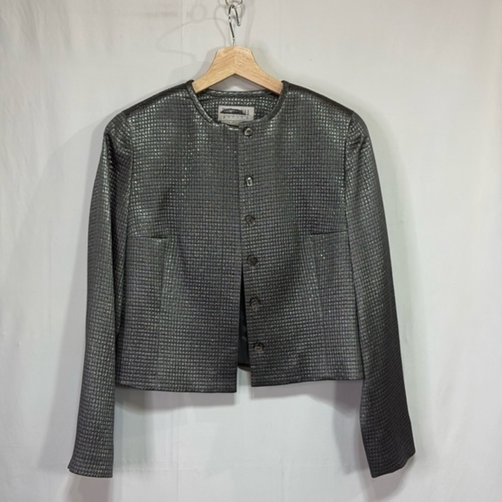👂🏽 Worth silk grey metallic silk blend collarless short blazer: